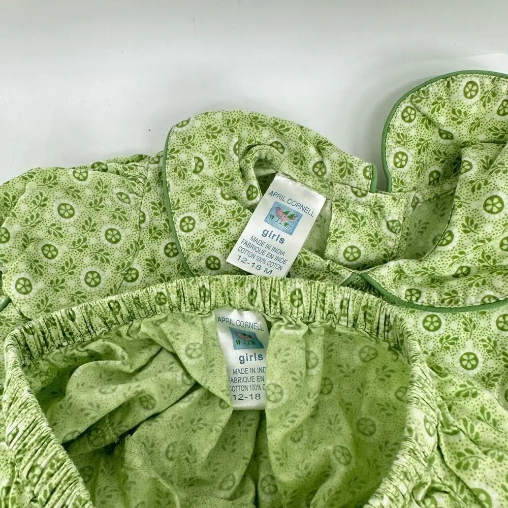 Vtg April Cornell Green Floral Baby Dress Collared With Bloomers Sz 12-18 Month